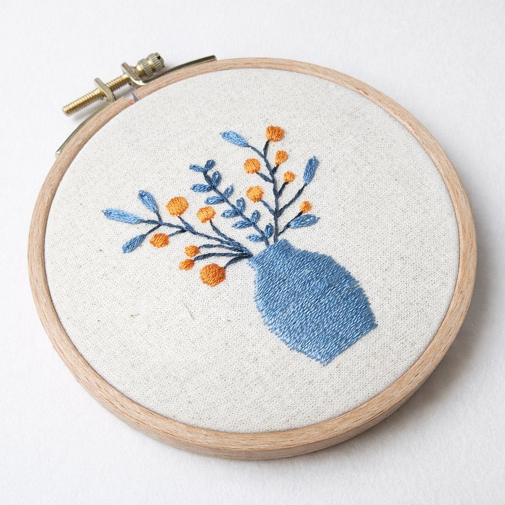 Hand Embroidery Process: Blue Pot